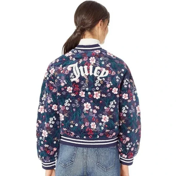 Juicy Couture Track Velour Quilted Floral Bomber Jacket - Picture 3 of 3